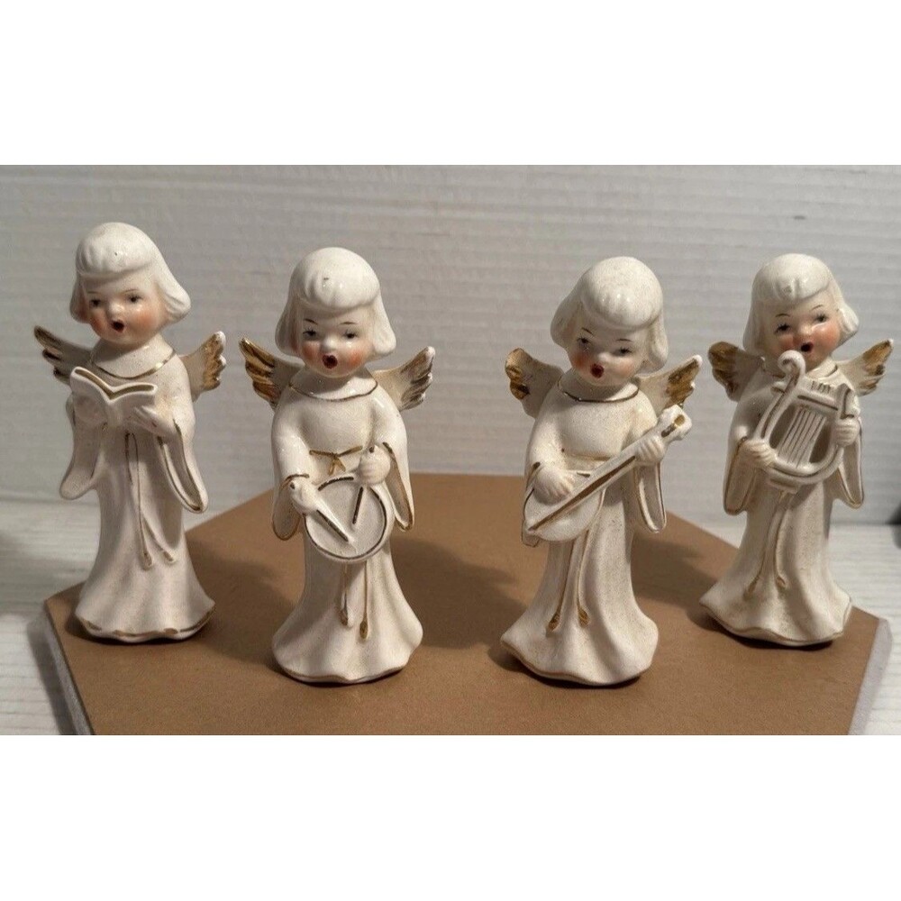 VTG 4 White Christmas Ceramic Angel Japan Choir Singing Drum Mandolin Harp READ*
